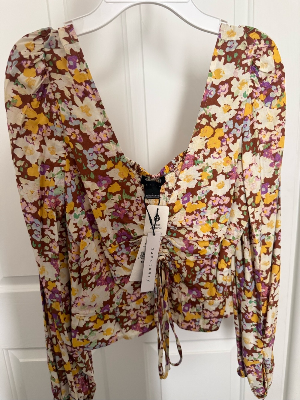 Sanctuary Floral V-Neck Blouse in Brown, Yellow, Purple, Cream